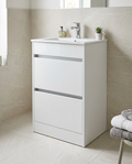 Mayfair 500mm Floor Standing Vanity Unit & Basin, white gloss in a bright modern bathroom