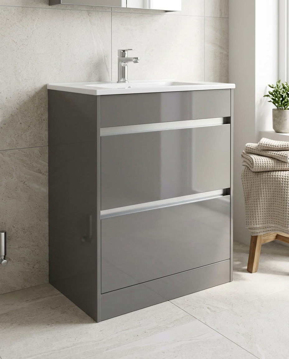 Mayfair 600mm Floor Standing Vanity Unit & Basin, storm grey gloss in a bright modern bathroom