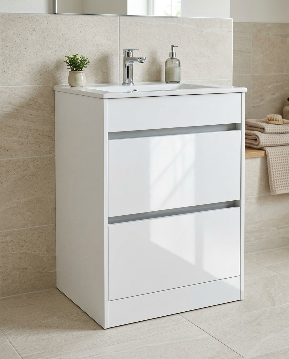Mayfair 600mm Floor Standing Vanity Unit & Basin, white gloss in a bright modern bathroom