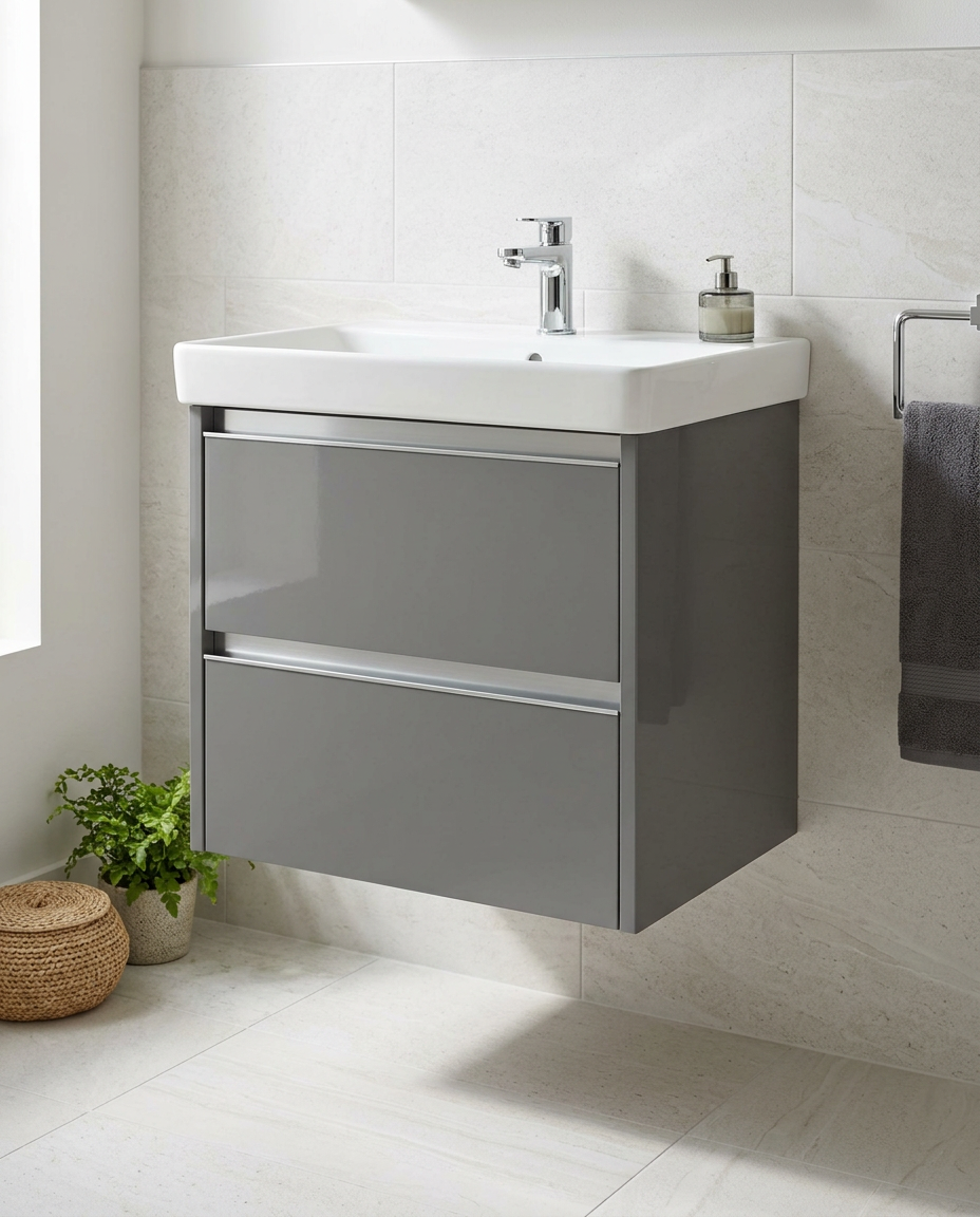 Mayfair 600mm Wall Hung Vanity Unit & Basin, storm grey gloss in a bright modern bathroom