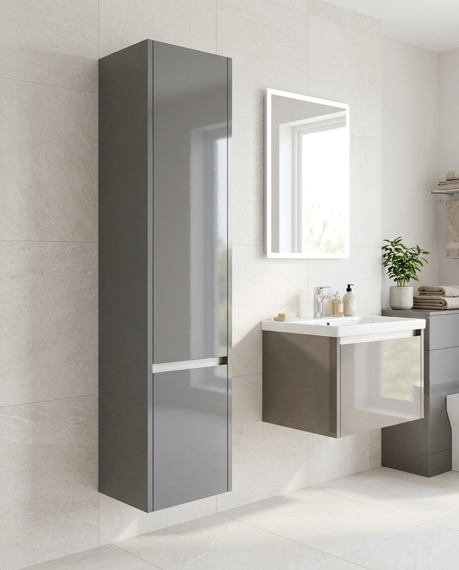 Mayfair Wall Mounted Tall Unit, storm grey gloss in a bright modern bathroom