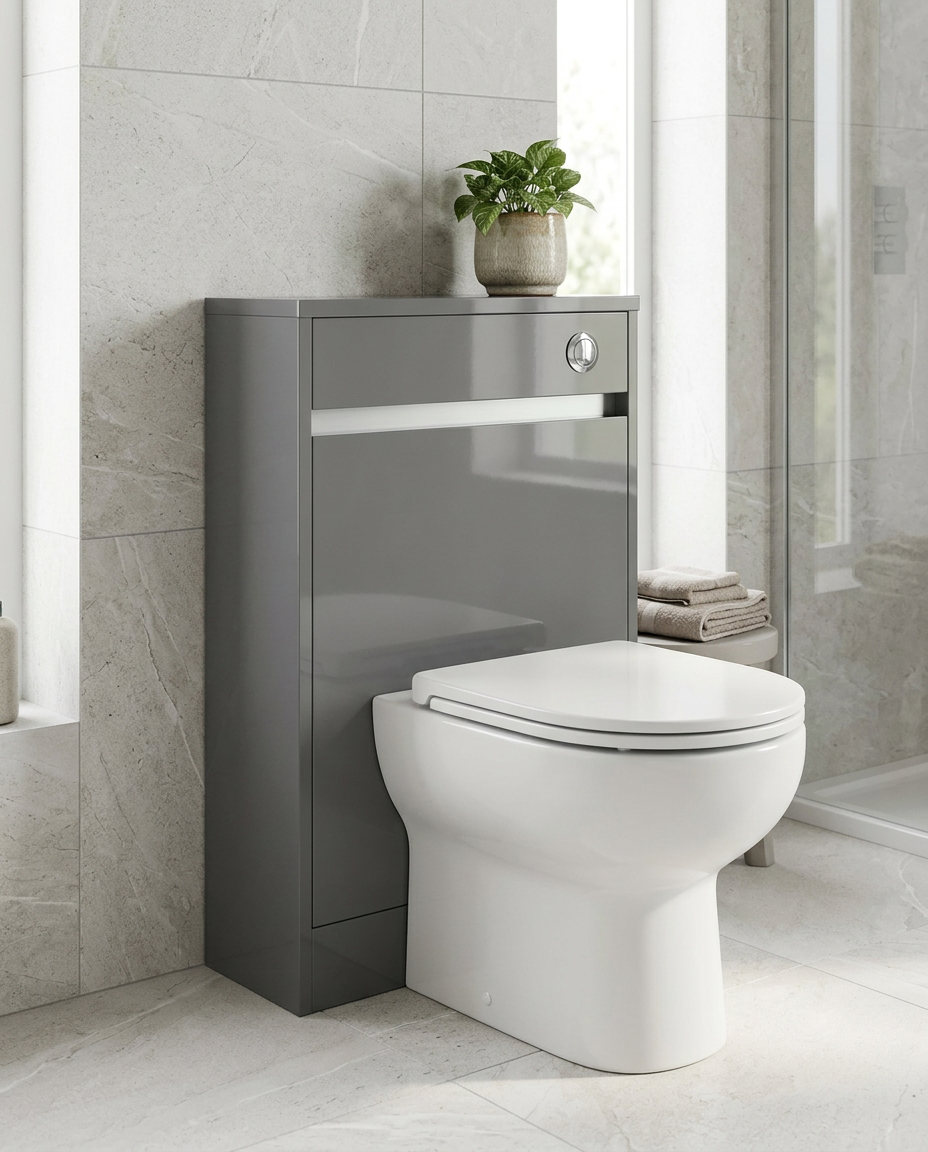 Mayfair WC Unit, storm grey gloss in a bright modern bathroom