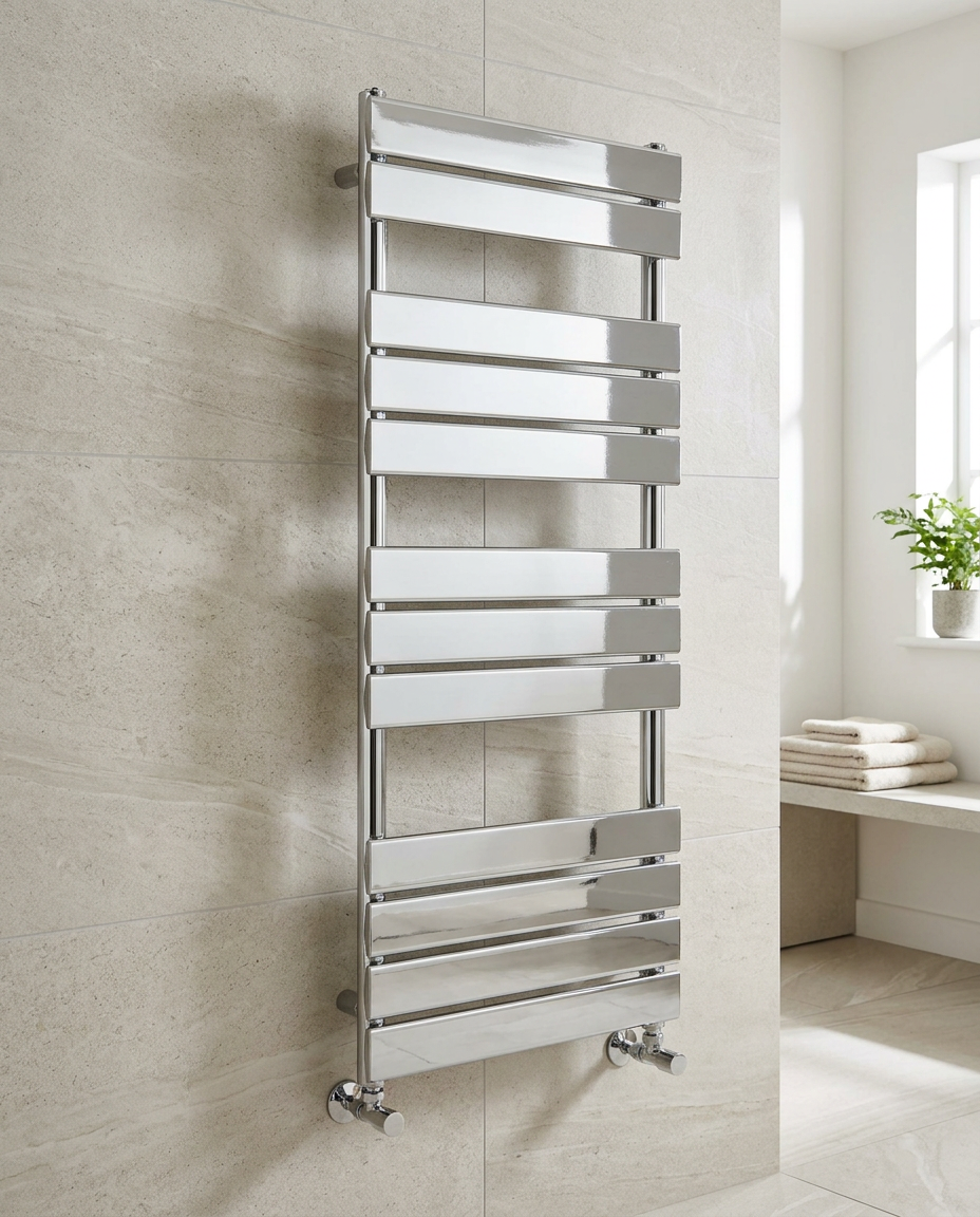 Mendip Towel Rail, chrome in a bright modern bathroom