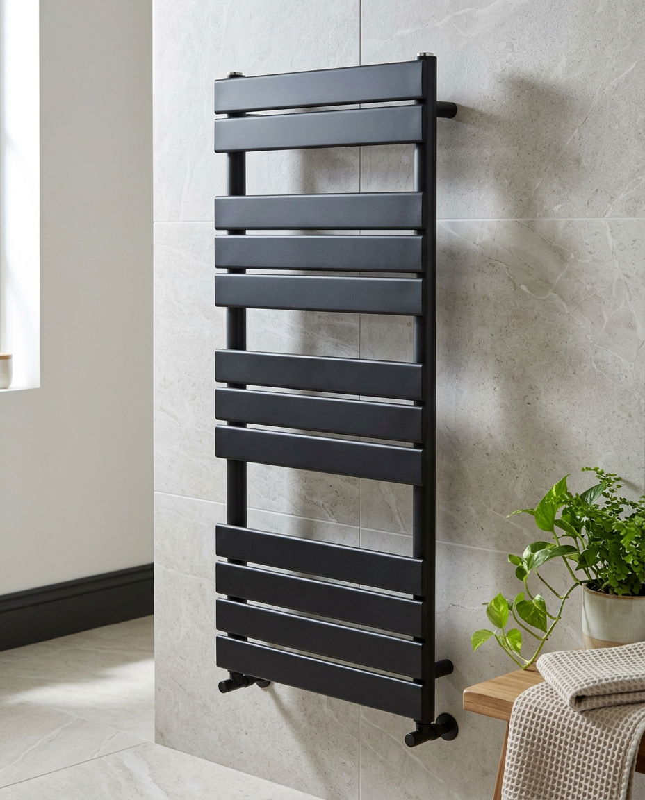 Mendip Towel Rail, matt black in a bright modern bathroom