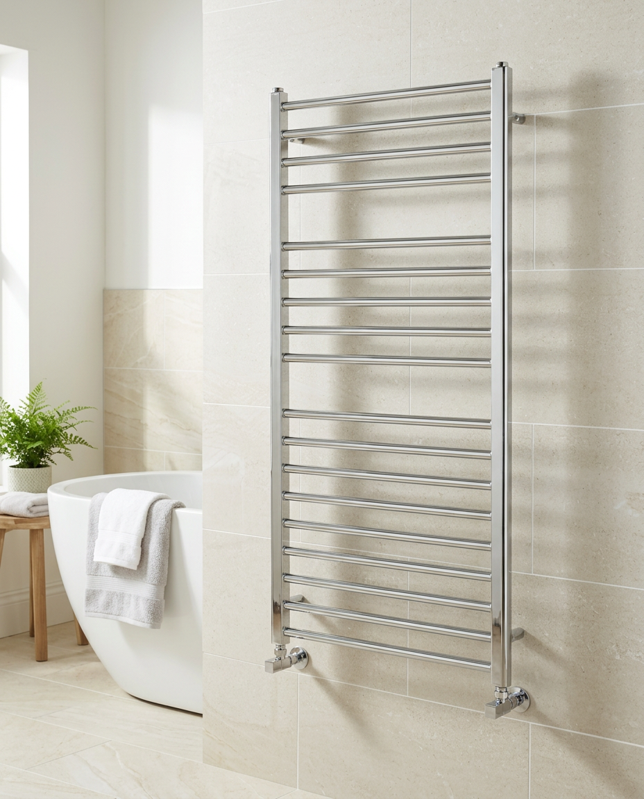 Mercer Stainless Steel Heated Towel Rail in a bright modern bathroom