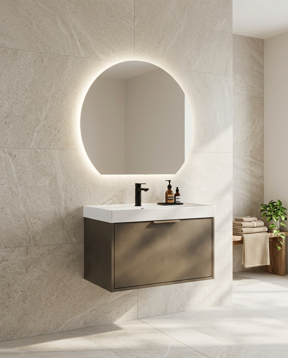 Mira Backlit LED Mirror in a bright modern bathroom