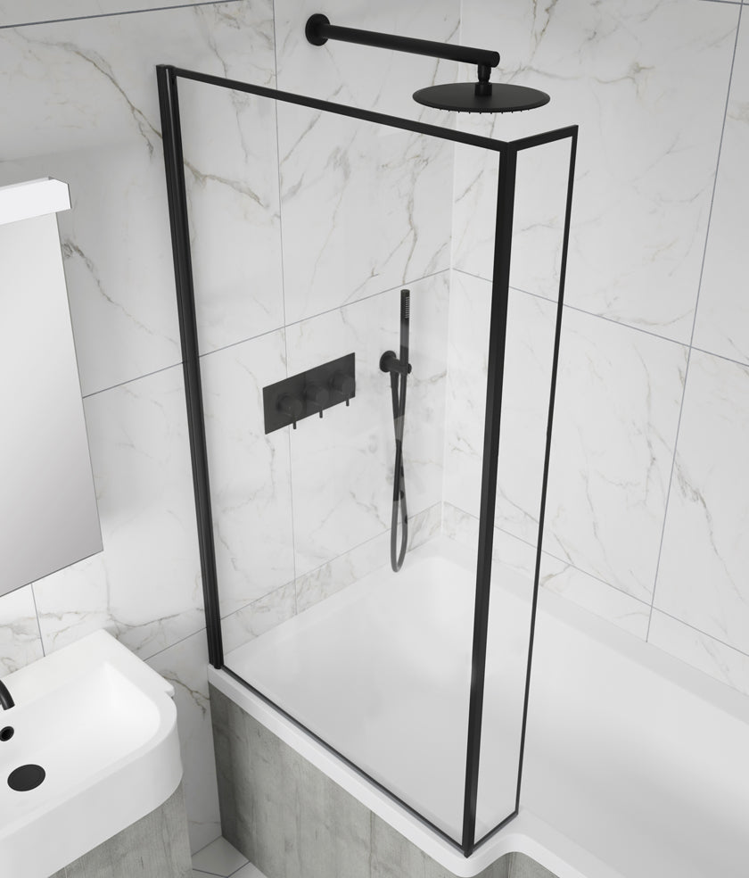 Matt black L-shaped bath screen over a shower bath