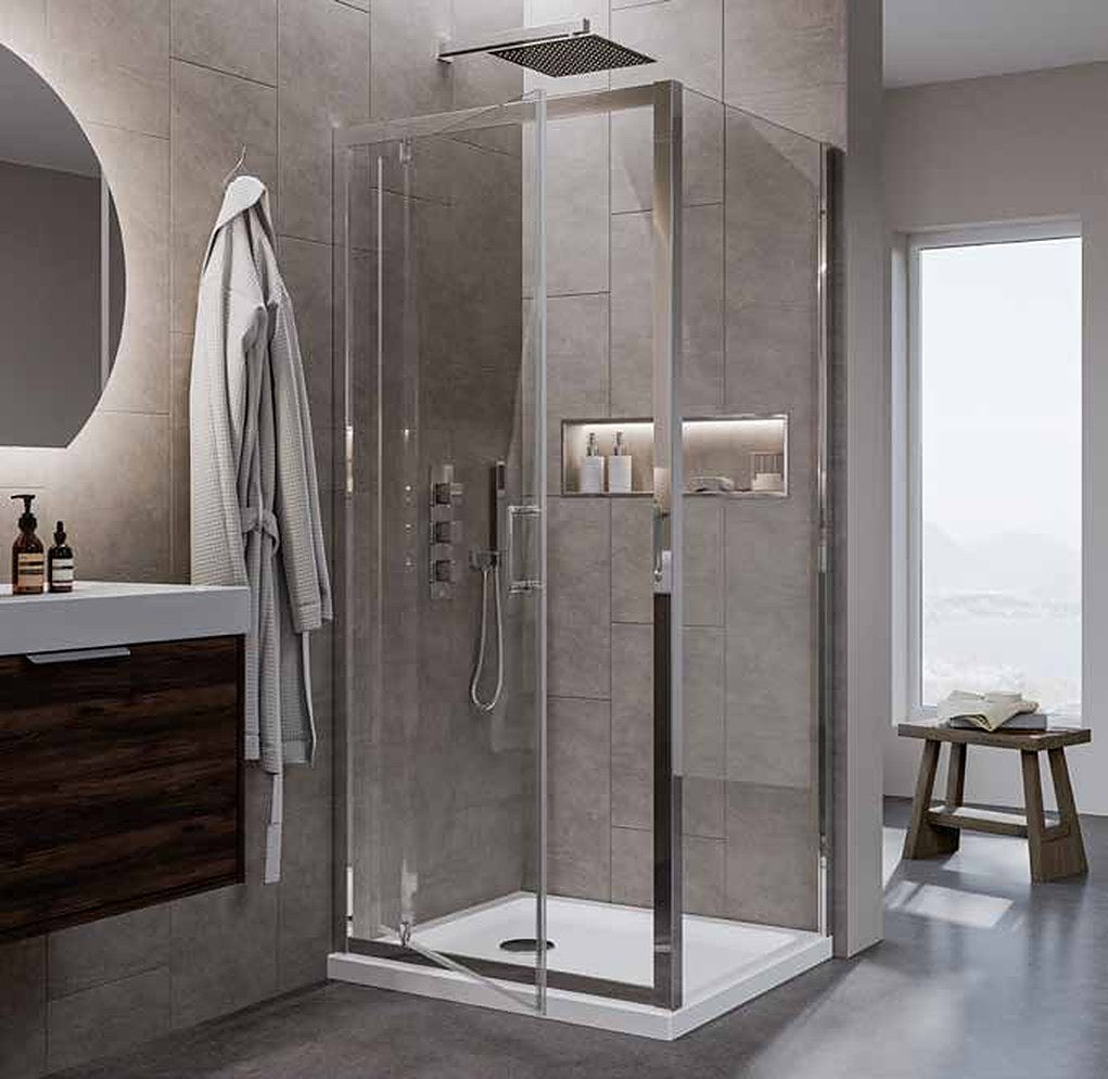 Modena 6 Pivot Shower Door, in a bathroom setting