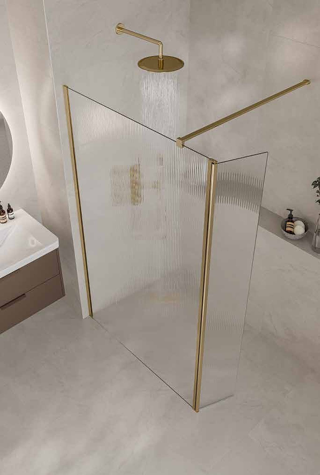 Modena 8 Fluted Glass Walk-In Shower Screen, in a bathroom setting