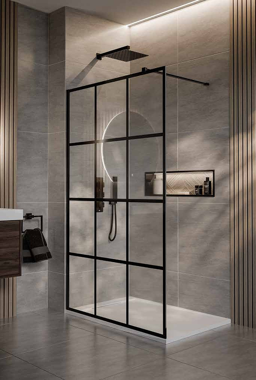 Modena 8 Grid Walk-In Shower Screen, in a bathroom setting