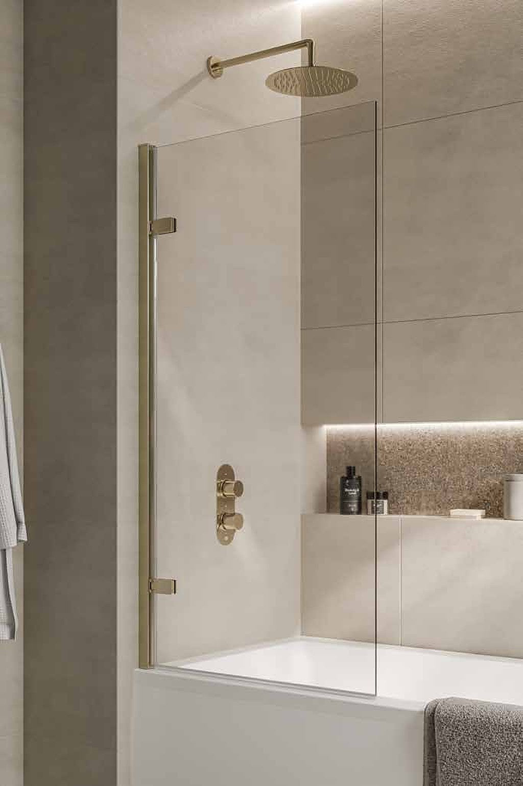 Modena 8 Hinged Bath Screen, in a bathroom setting