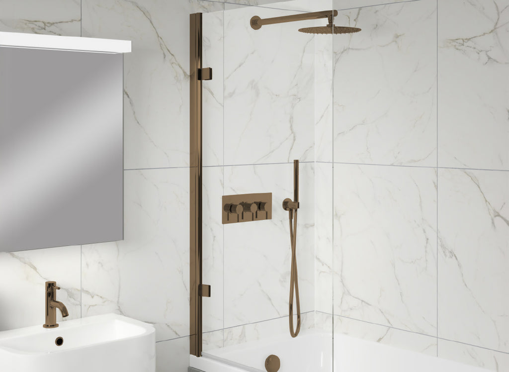 Modena 8 hinged bath screen with brushed fittings