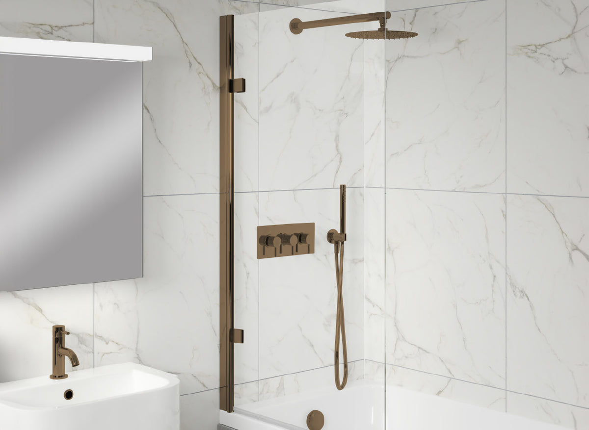 Modena 8 hinged bath screen with brushed fittings