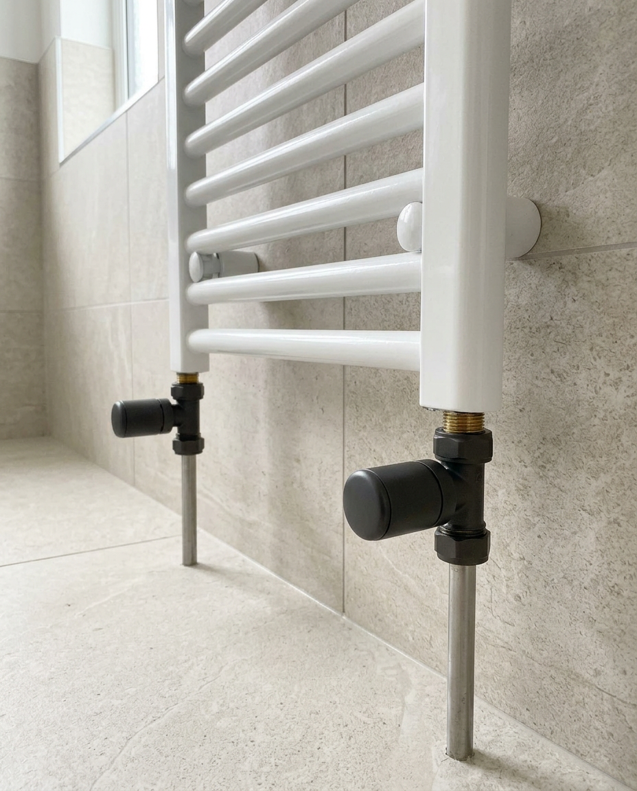 Modern Manual Radiator Valves, anthracite in a bright modern bathroom