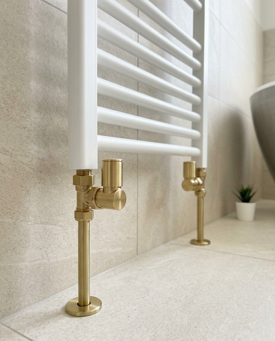Modern Manual Radiator Valves, brushed brass in a bright modern bathroom