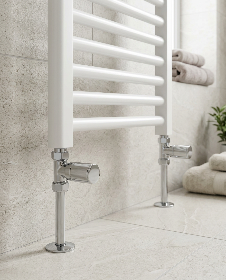 Modern Manual Radiator Valves, chrome in a bright modern bathroom