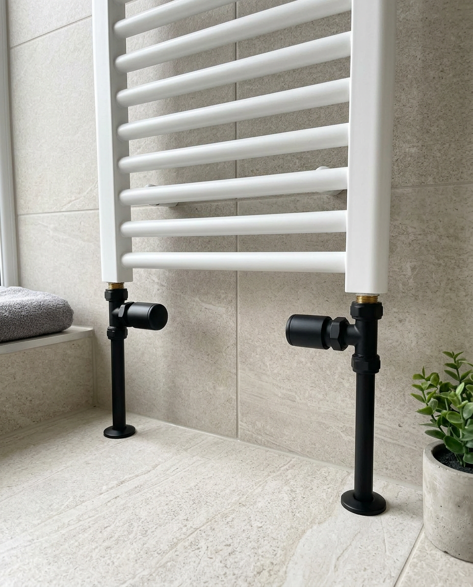 Modern Manual Radiator Valves, matt black in a bright modern bathroom