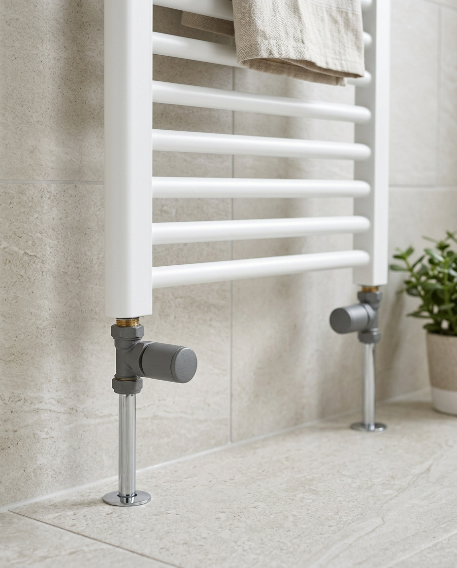 Modern Manual Radiator Valves, textured grey in a bright modern bathroom