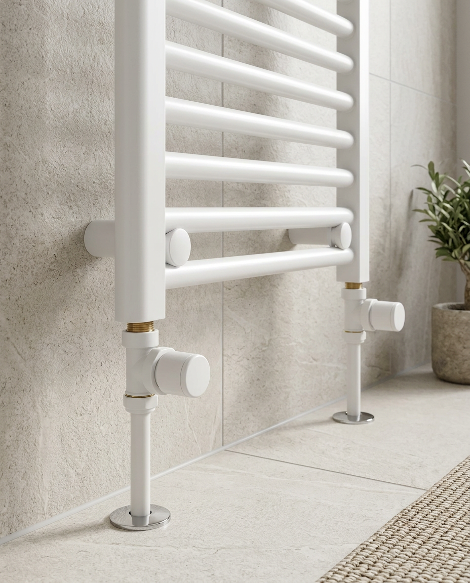 Modern Manual Radiator Valves, white in a bright modern bathroom