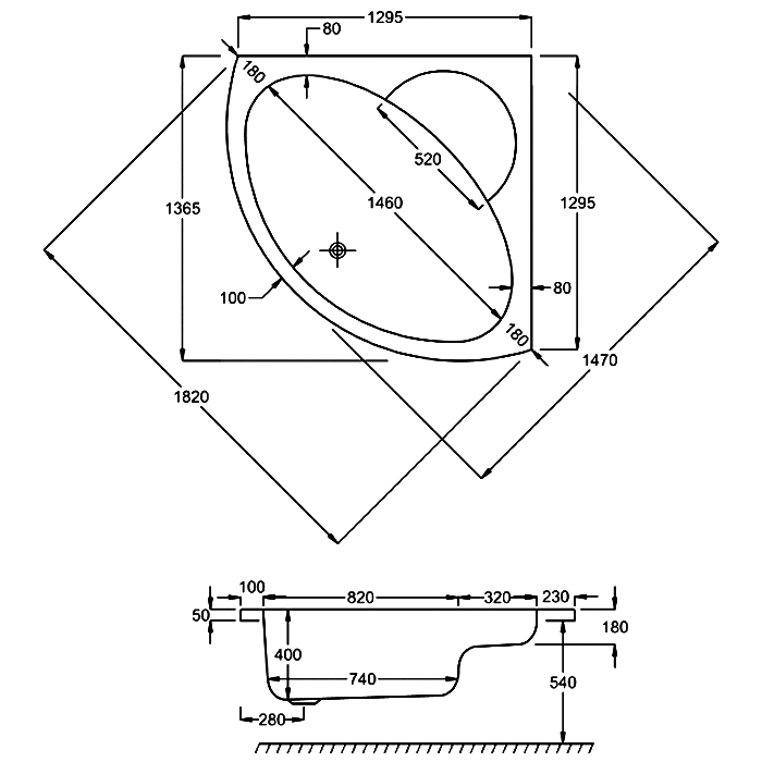 Carron Monarch Corner Bath, technical drawing