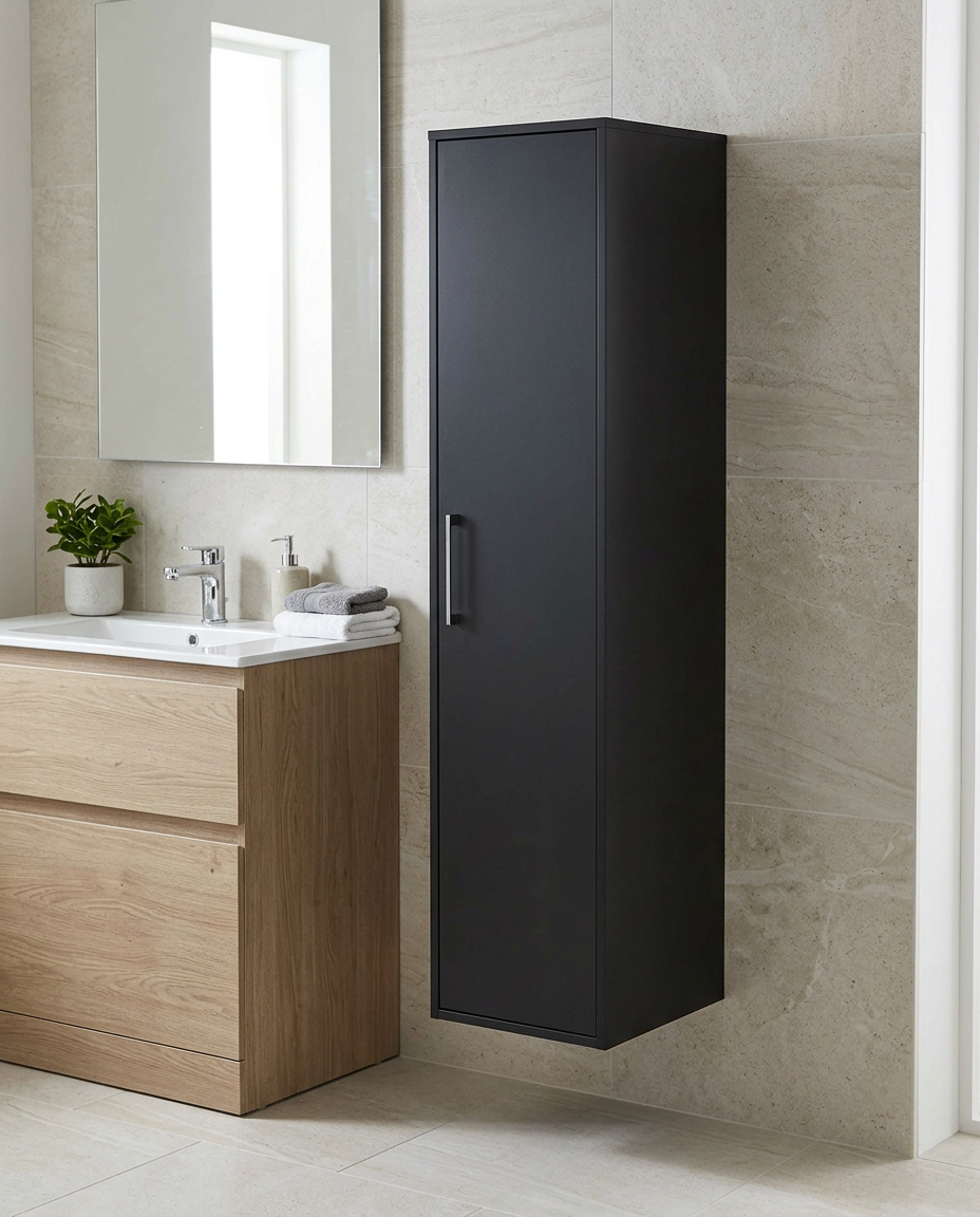 Montara 1500mm Wall Hung Tall Storage Unit, 1 Door in a bright modern bathroom