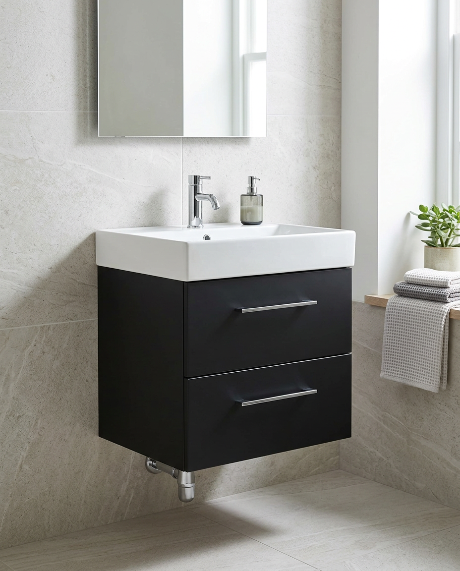 Montara 600mm Wall Hung Vanity Unit & Basin, 2 Drawers in a bright modern bathroom