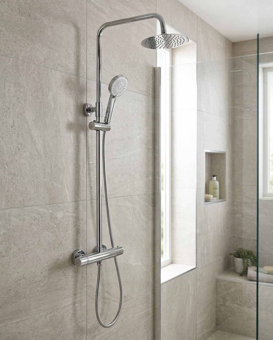 Neptuna Round Thermostatic Drench Shower in a bright modern bathroom