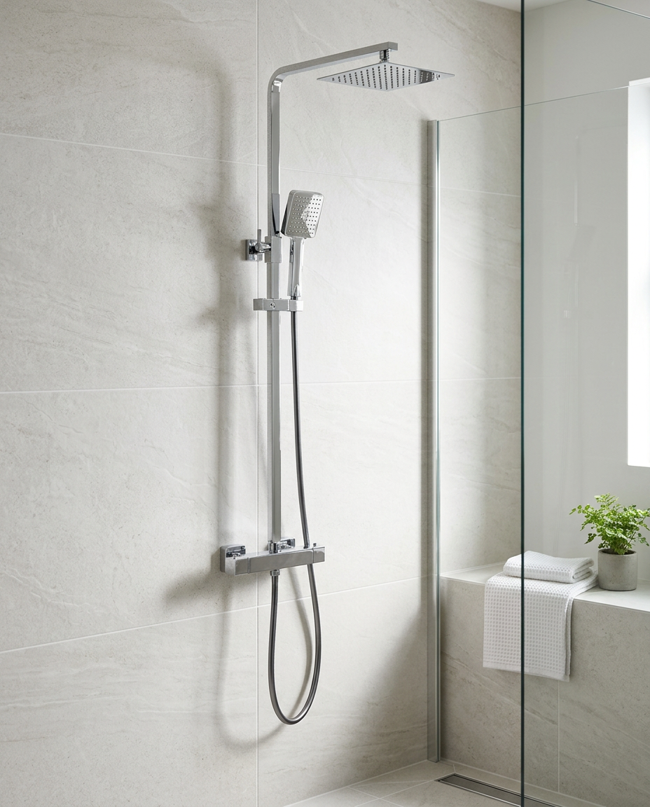 Neptuna Square Thermostatic Drench Shower in a bright modern bathroom