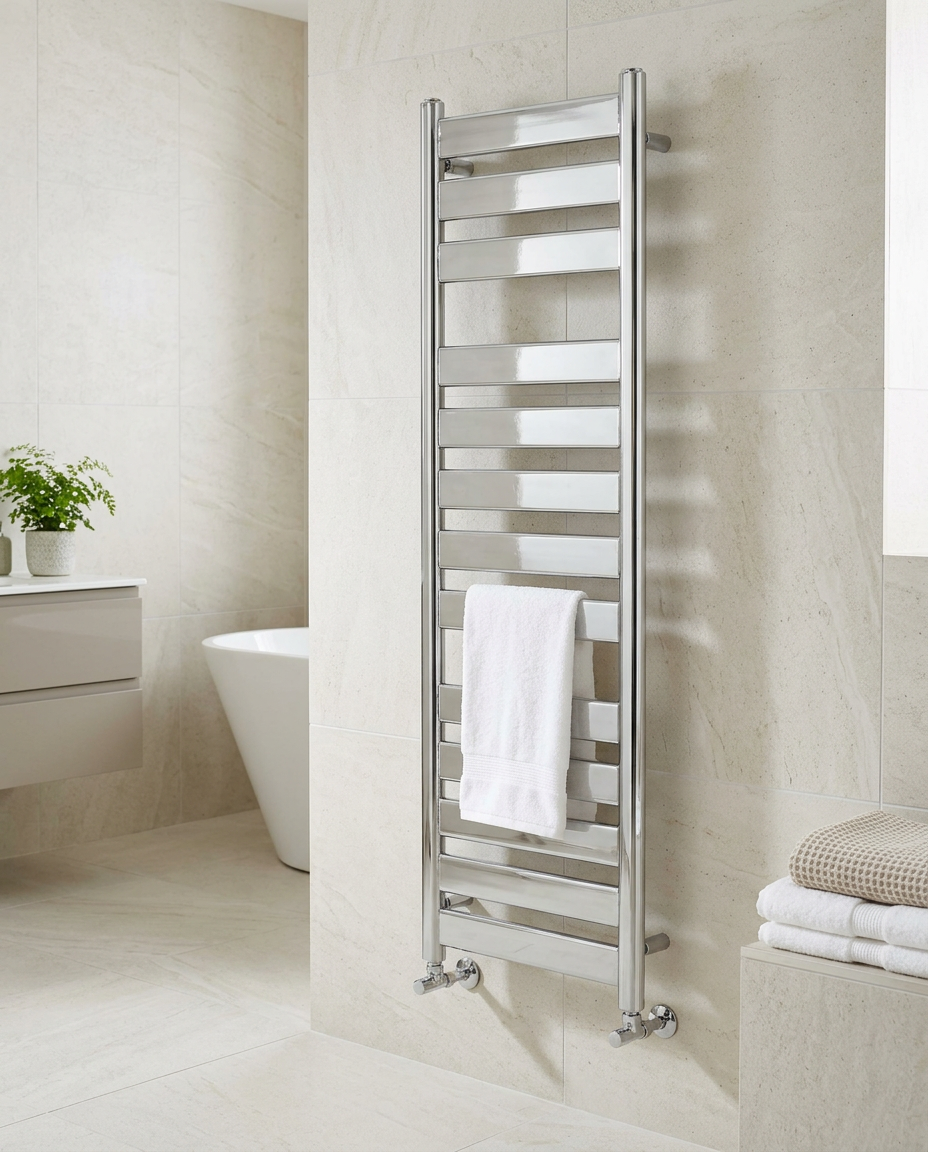 Newbury Chrome Heated Towel Rail in a bright modern bathroom