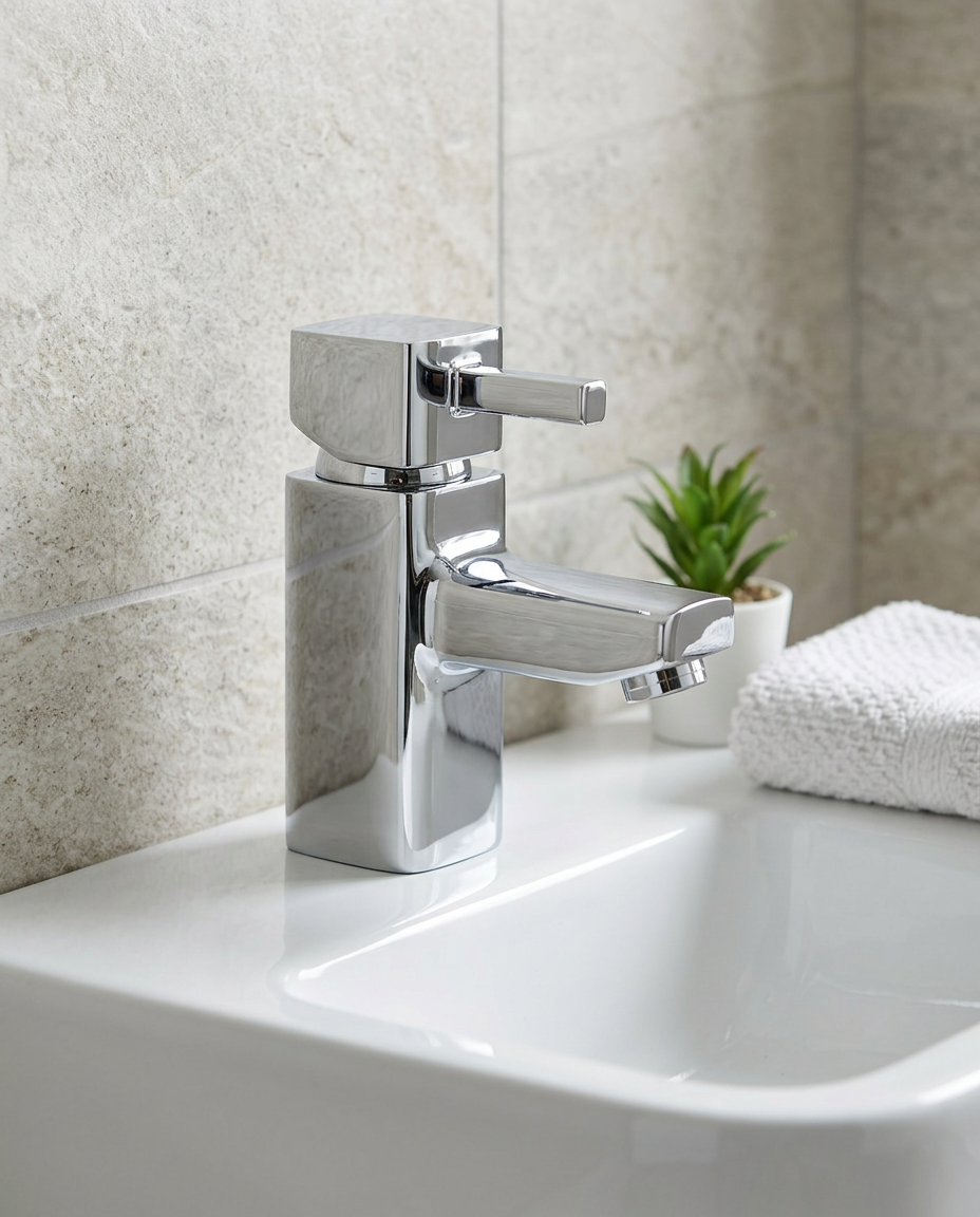 Nova Mini Mono Basin Mixer in a bright modern bathroom