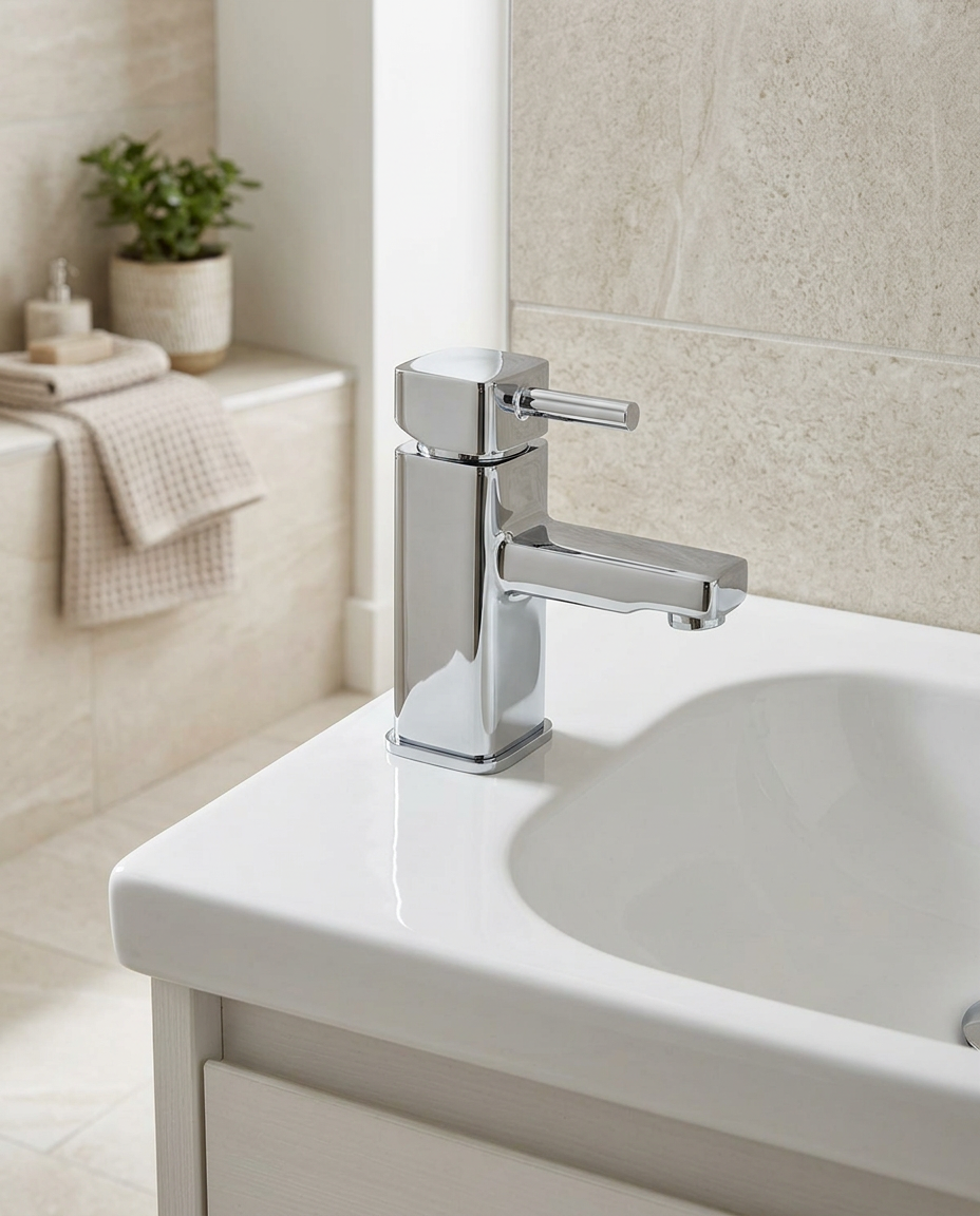 Nova Mono Basin Mixer in a bright modern bathroom