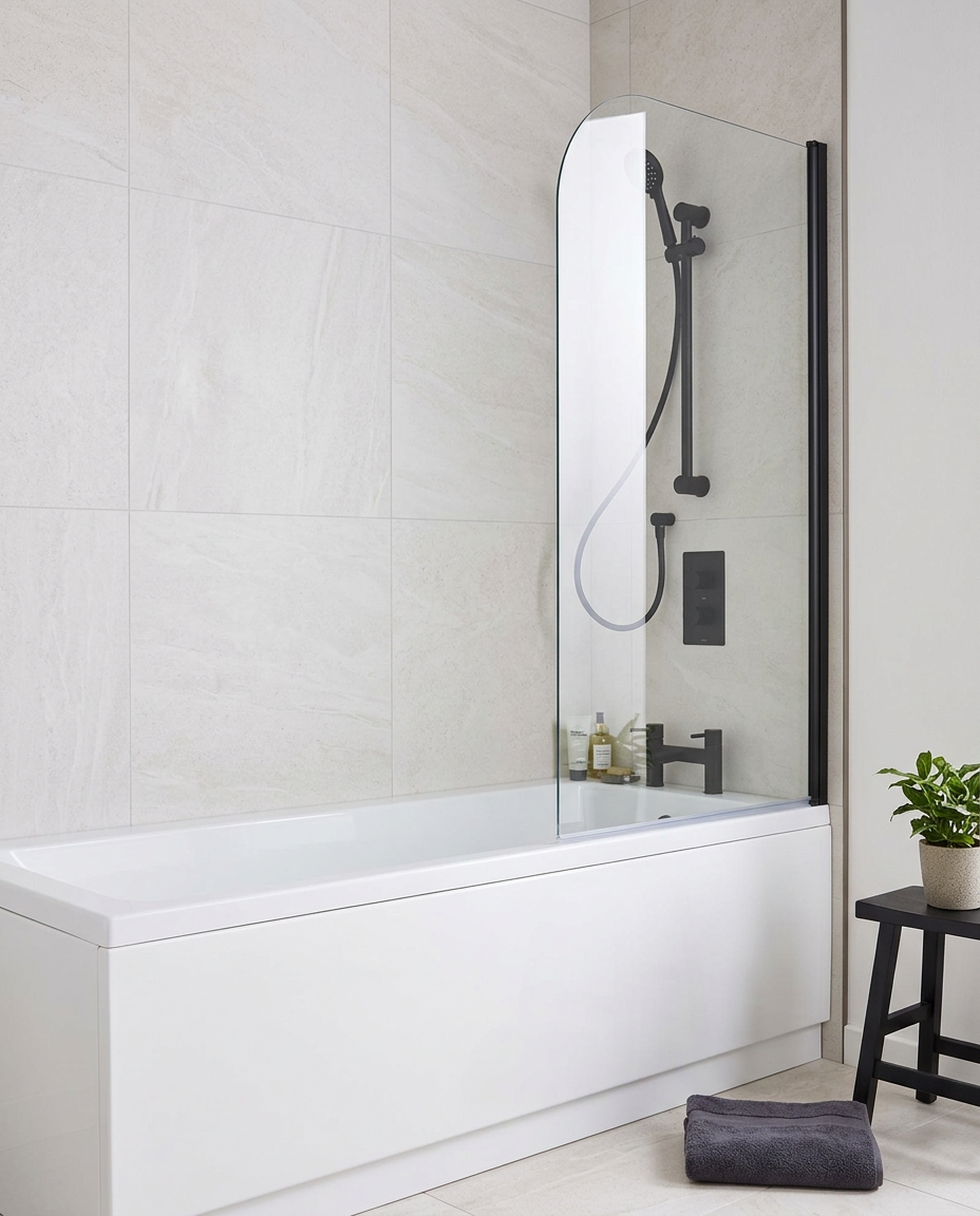 Noxa Matt Black Bath Screen in a bright modern bathroom
