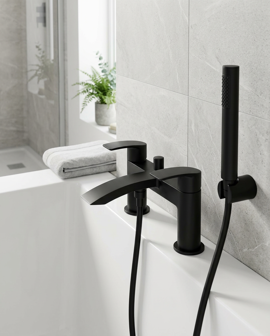 Noxa Curve Matt Black Bath Shower Mixer in a bright modern bathroom