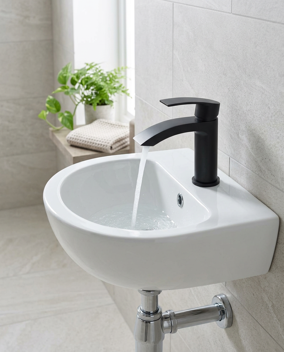 Noxa Curve Matt Black Mini Mono Basin Mixer in a bright modern bathroom