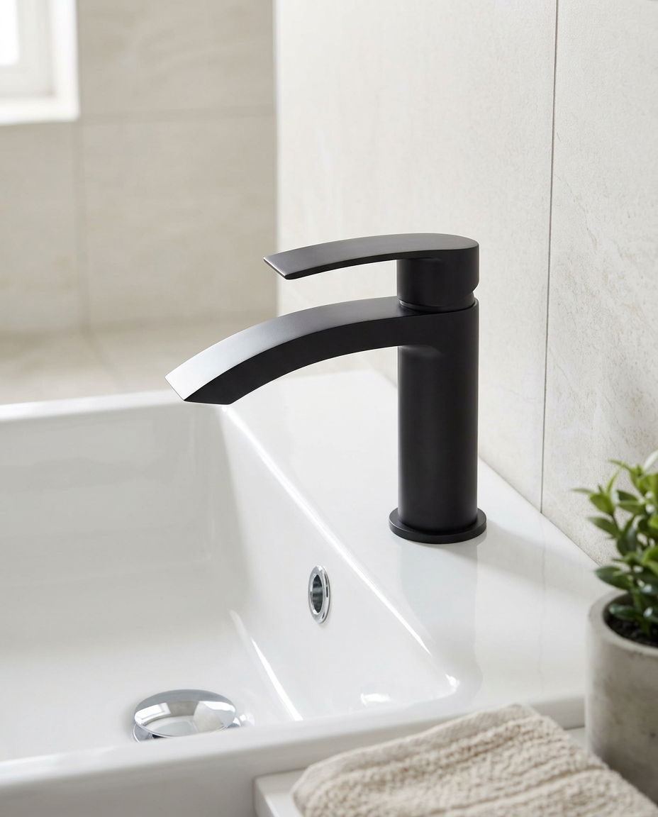 Noxa Curve Matt Black Mono Basin Mixer in a bright modern bathroom
