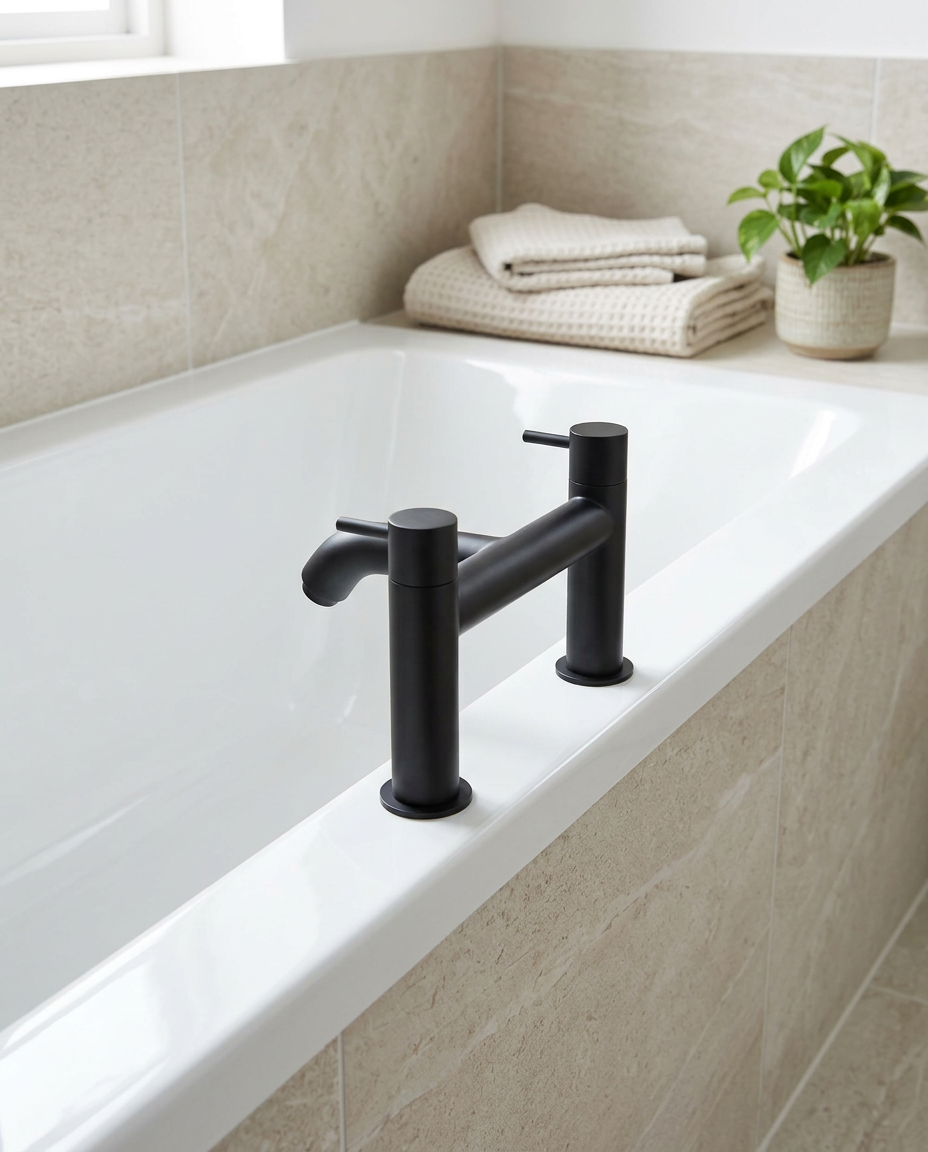 Noxa Round Matt Black Bath Filler, side view in a bright modern bathroom