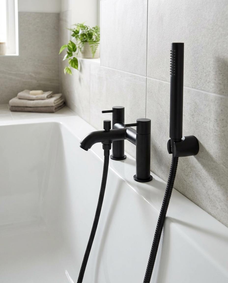 Noxa Round Matt Black Bath Shower Mixer in a bright modern bathroom