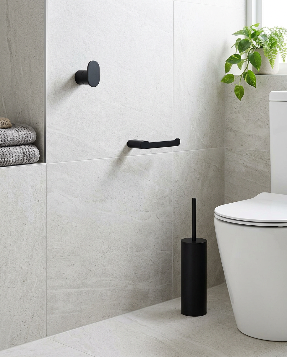 Noxa Round Matt Black Bathroom Accessories in a bright modern bathroom