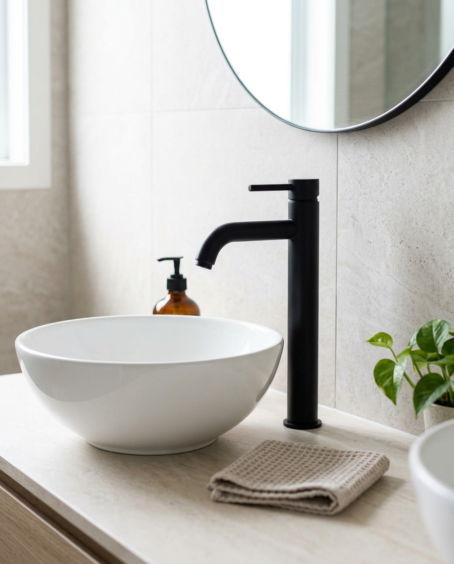 Noxa Round Matt Black Hi-Rise Mono Basin Mixer in a bright modern bathroom