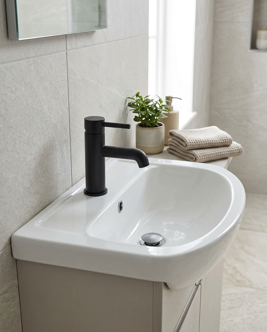 Noxa Round Matt Black Mono Basin Mixer in a bright modern bathroom