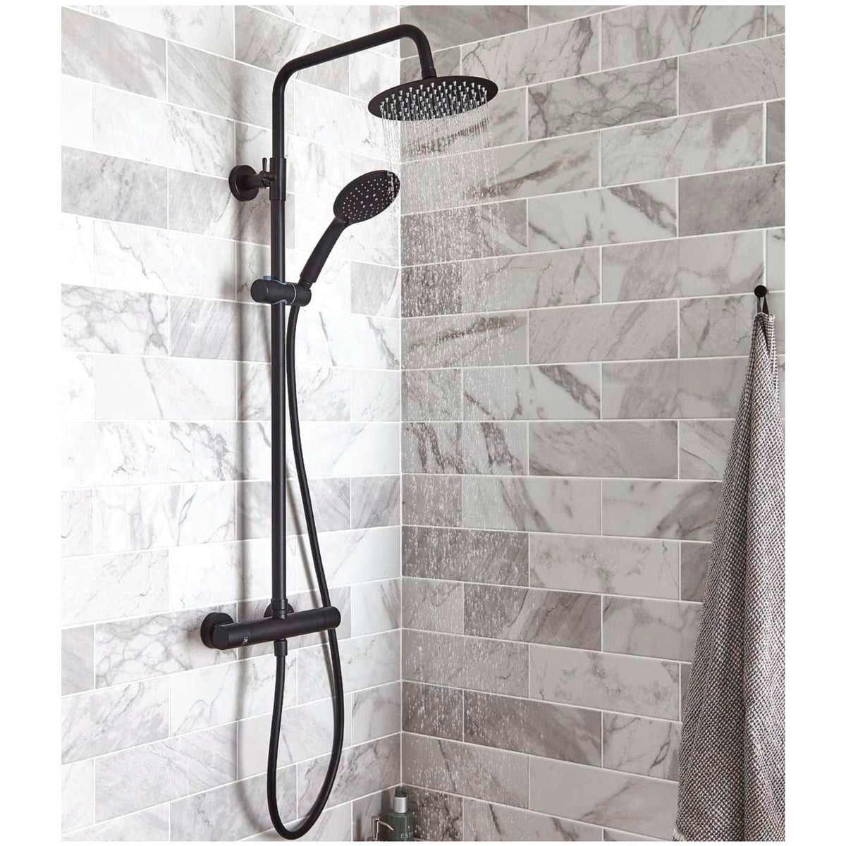 Noxa Round Matt Black Thermostatic Shower Sets, Bar valve with overhead drencher and sliding handset