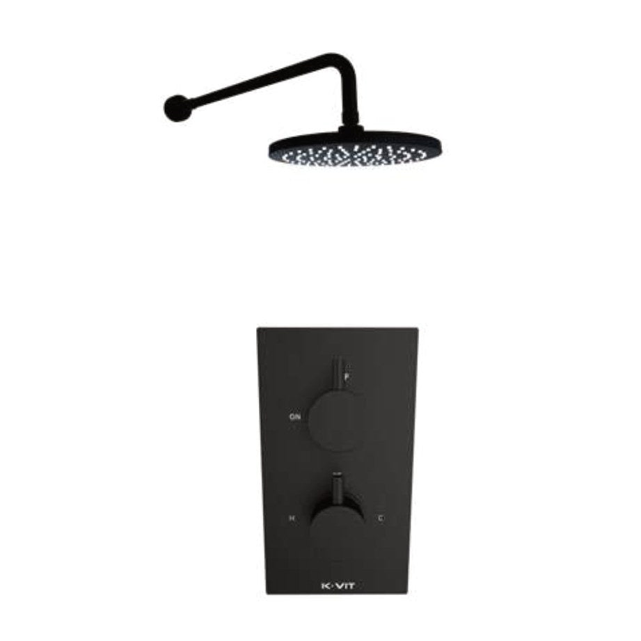 Noxa Round Matt Black Thermostatic Shower Sets, Concealed valve with fixed overhead drencher