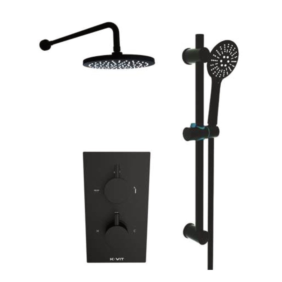 Noxa Round Matt Black Thermostatic Shower Sets, Concealed valve with slide rail kit and fixed overhead drencher