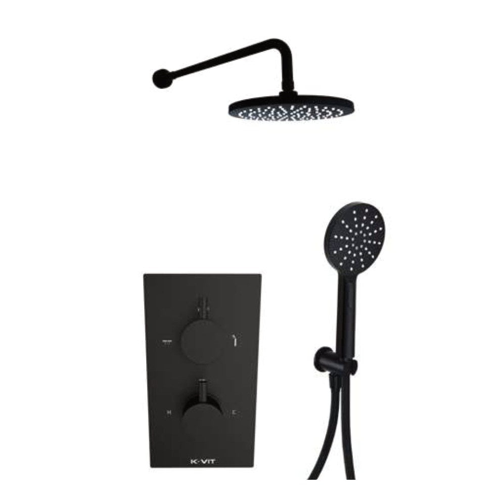 Noxa Round Matt Black Thermostatic Shower Sets, Concealed valve with separate handshower and fixed overhead drencher