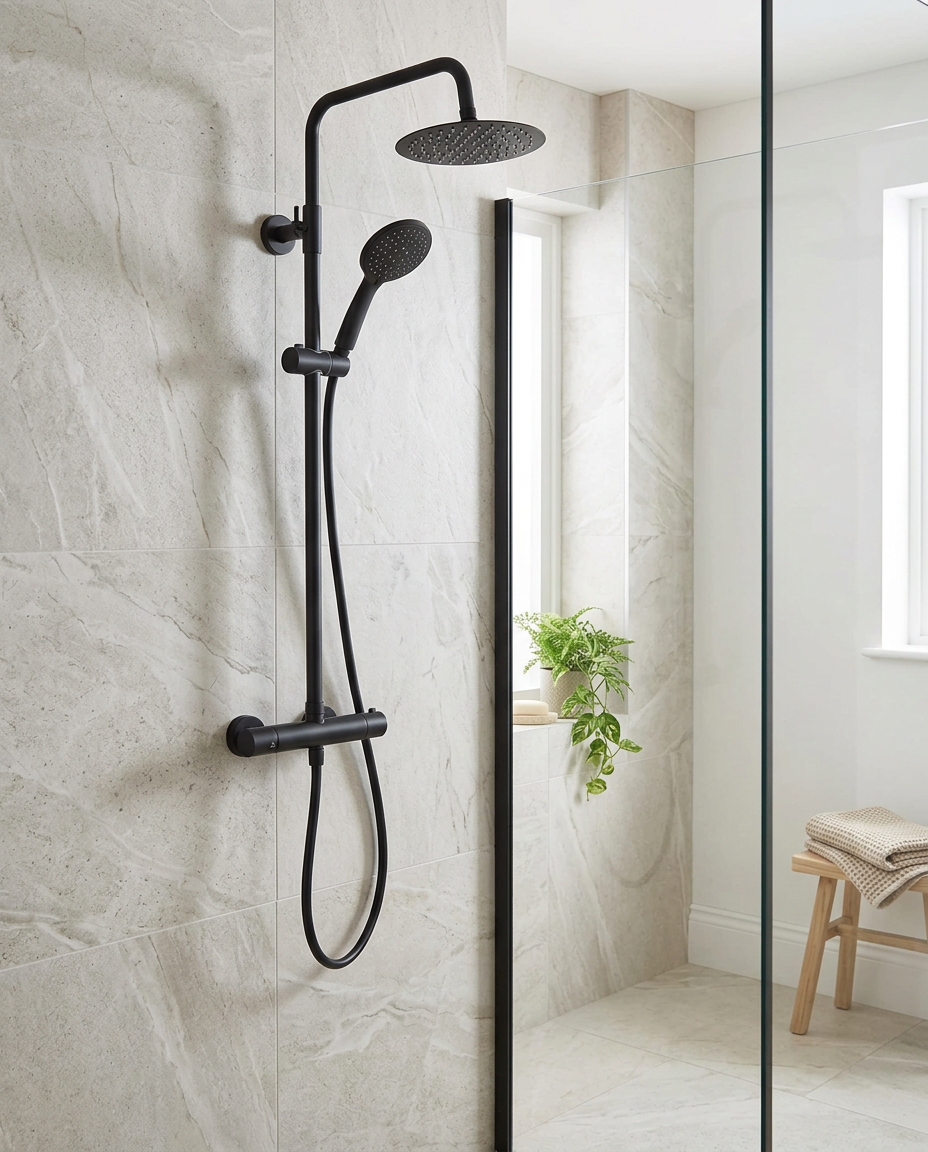 Noxa Round Matt Black Thermostatic Shower Sets in a bright modern bathroom