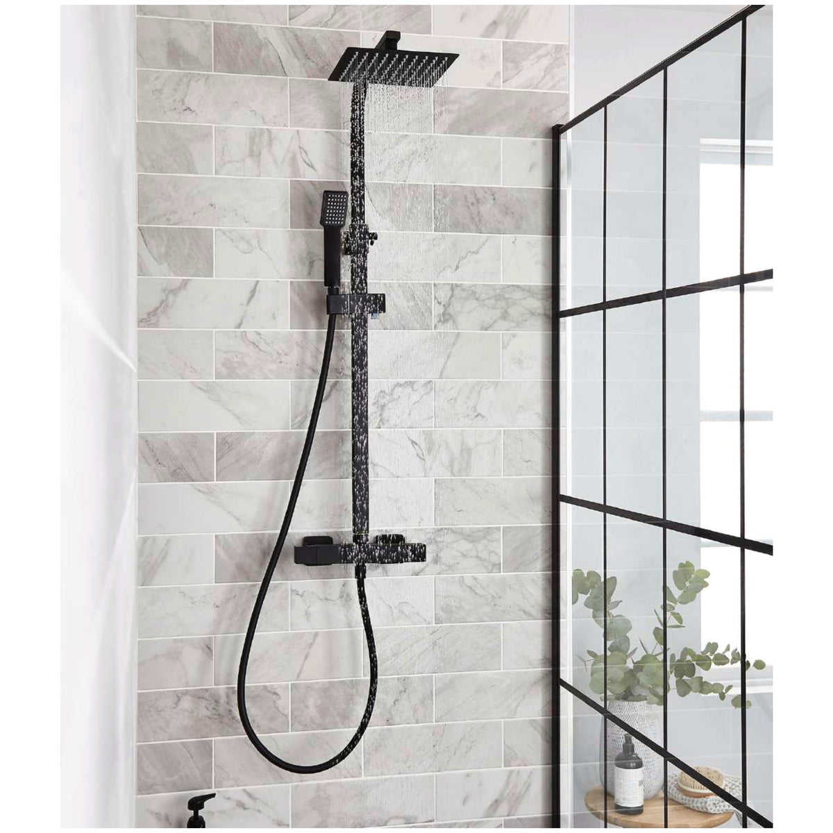 Noxa Square Matt Black Thermostatic Shower Sets, Bar valve with overhead drencher and sliding handset
