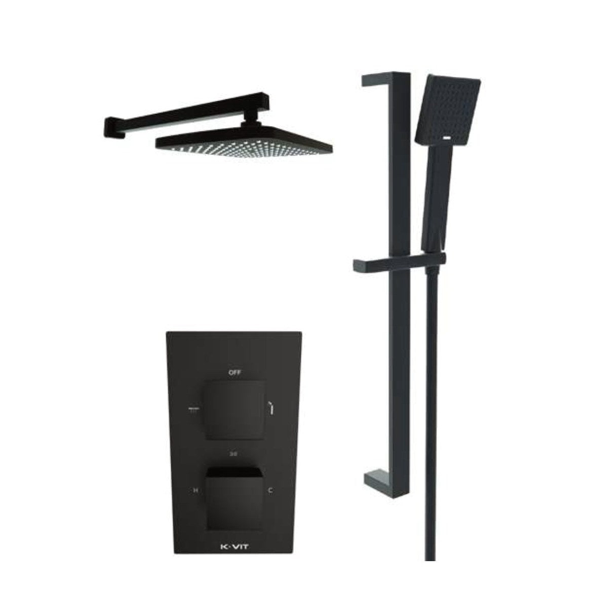 Noxa Square Matt Black Thermostatic Shower Sets, Concealed valve with diverter, slide rail kit and fixed overhead drencher