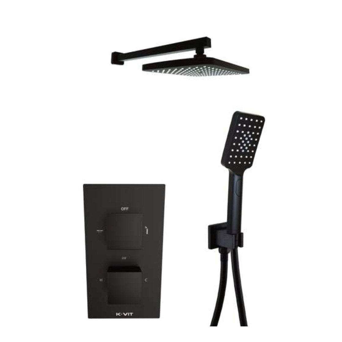 Noxa Square Matt Black Thermostatic Shower Sets, Concealed valve with diverter, separate handshower and fixed overhead drencher