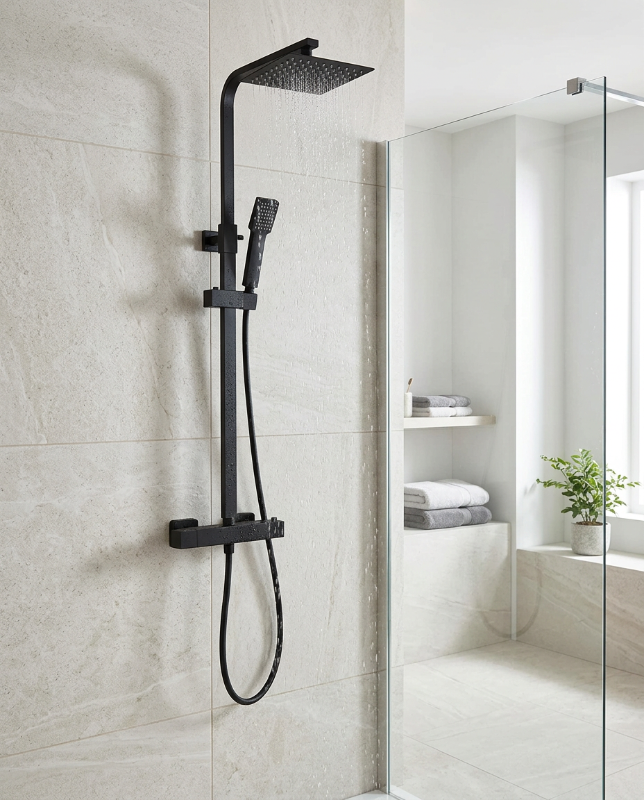 Noxa Square Matt Black Thermostatic Shower Sets in a bright modern bathroom
