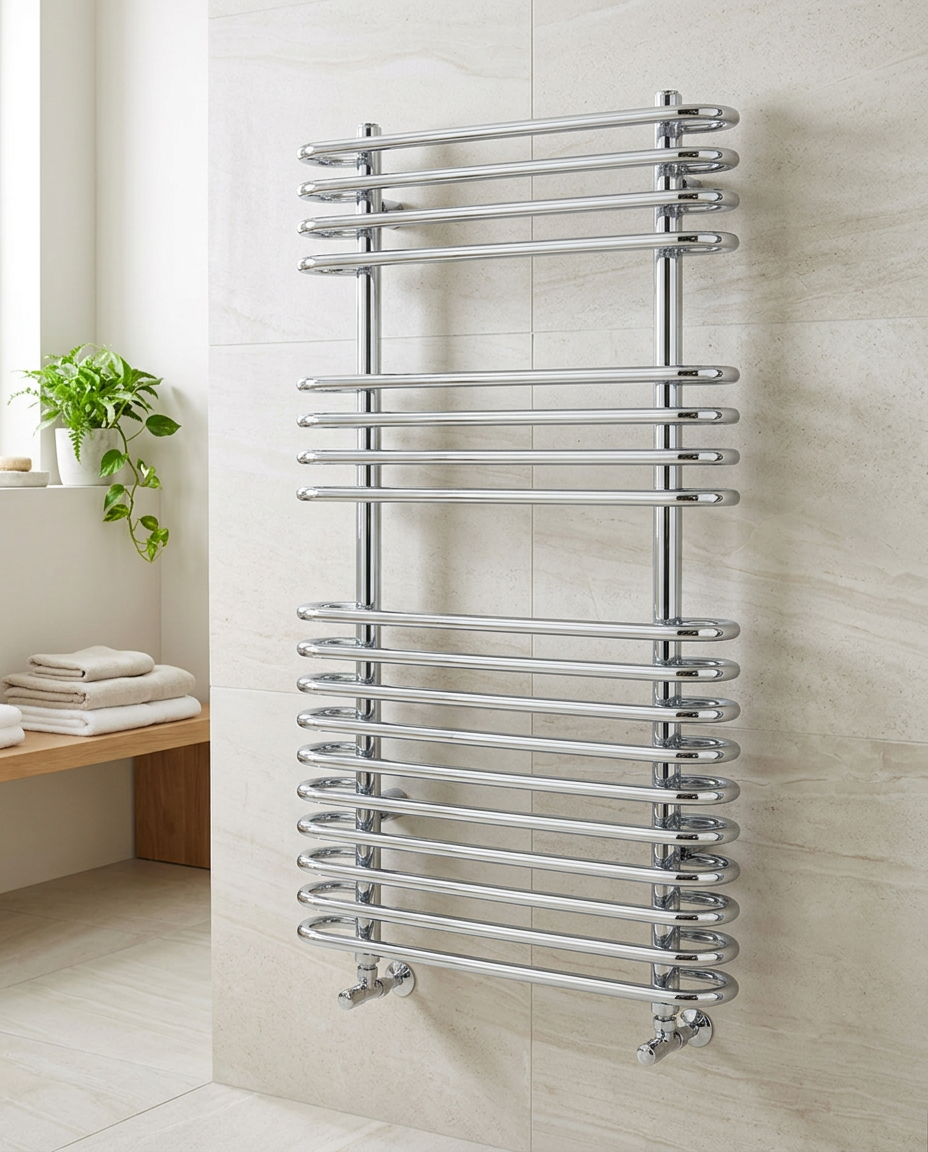 Oakley Chrome Heated Towel Rail in a bright modern bathroom